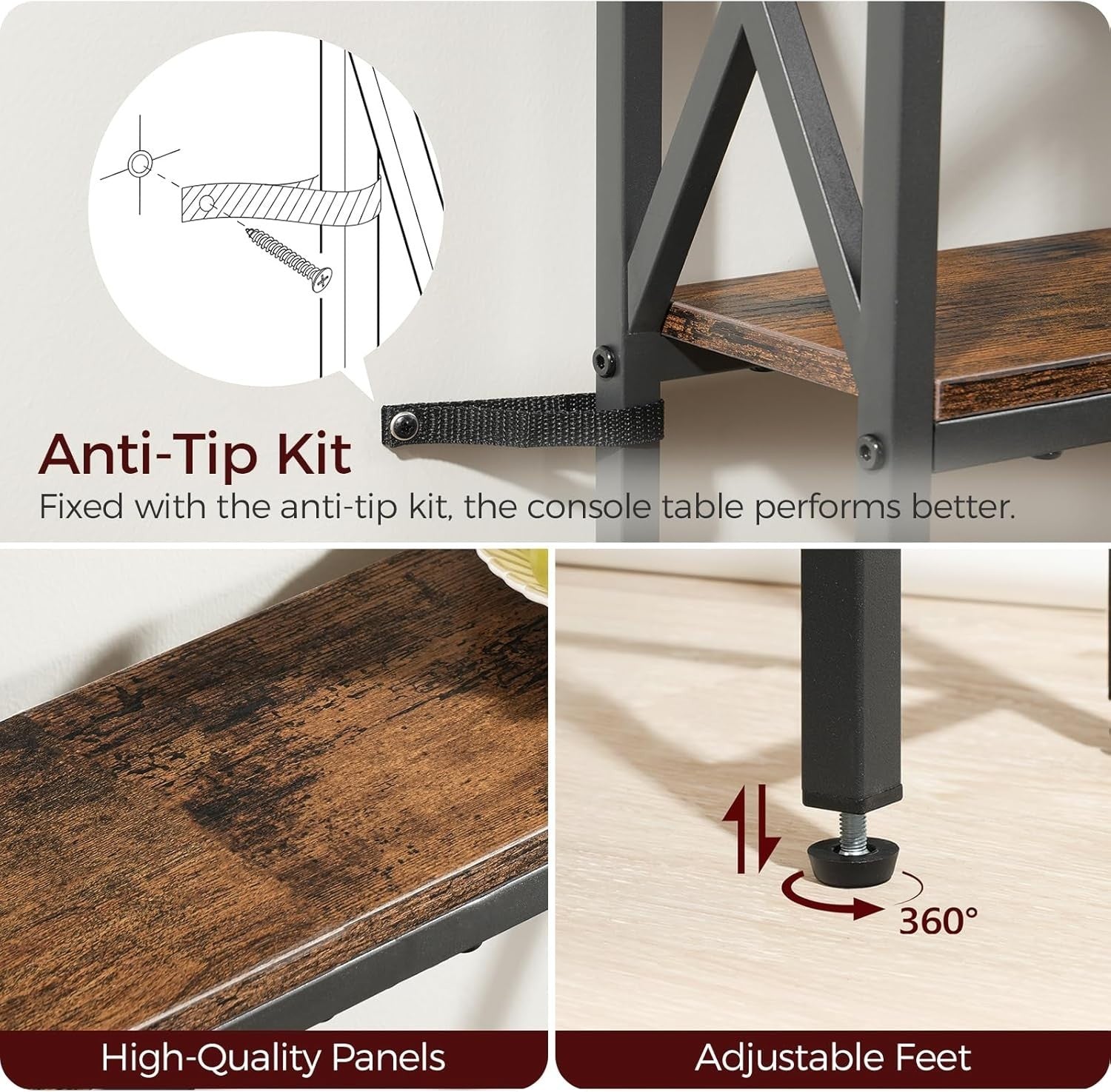 Narrow Sofa Table with Charging Station & USB Outlets, 100cm Console