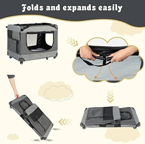Foldable Grey Pet Carrier Crate with Wheels 3-Door Travel Bag for Cats & Dogs