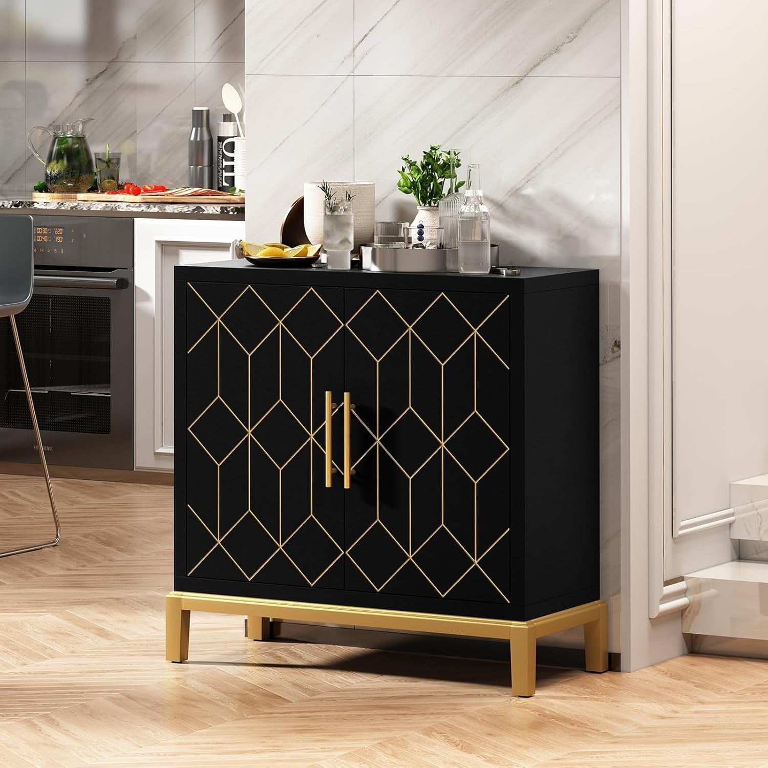 Modern Black Sideboard Cabinet Gold Legs 2 Door Storage Unit Hallway