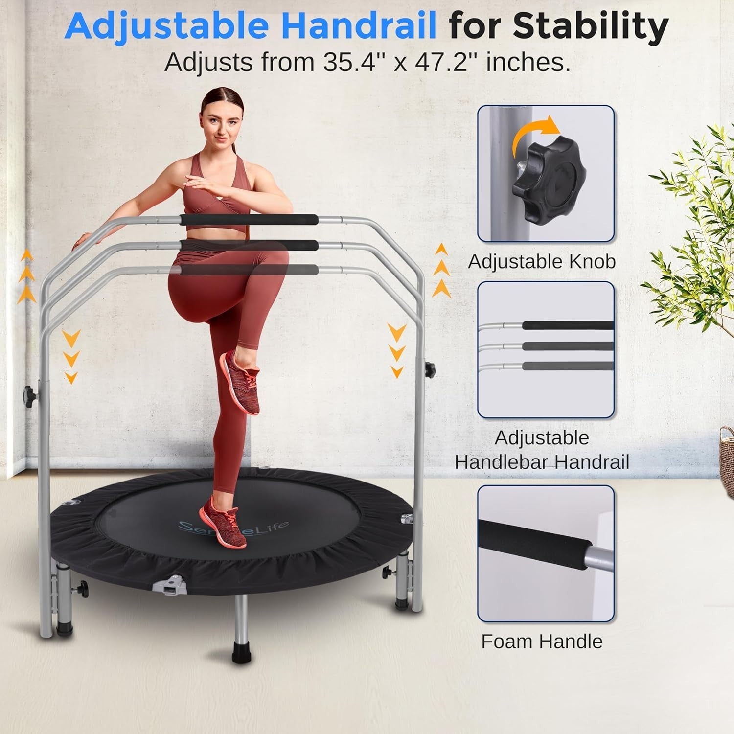 42” Foldable Mini Trampoline Indoor Outdoor Rebounder Adjustable Handle