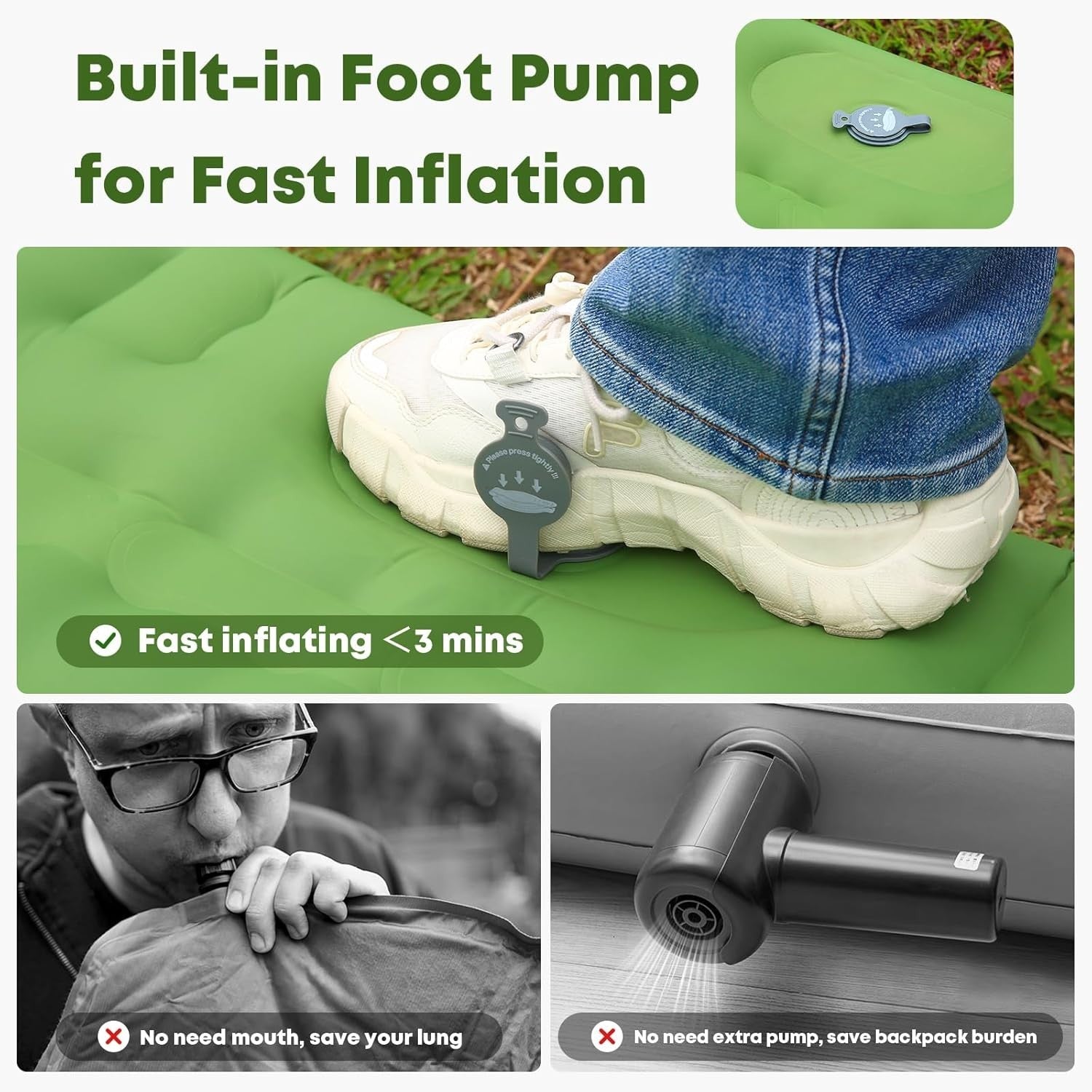 Extra Thick Camping Air Mattress 12–15cm Built-In Foot Pump Pillow Pad Green2