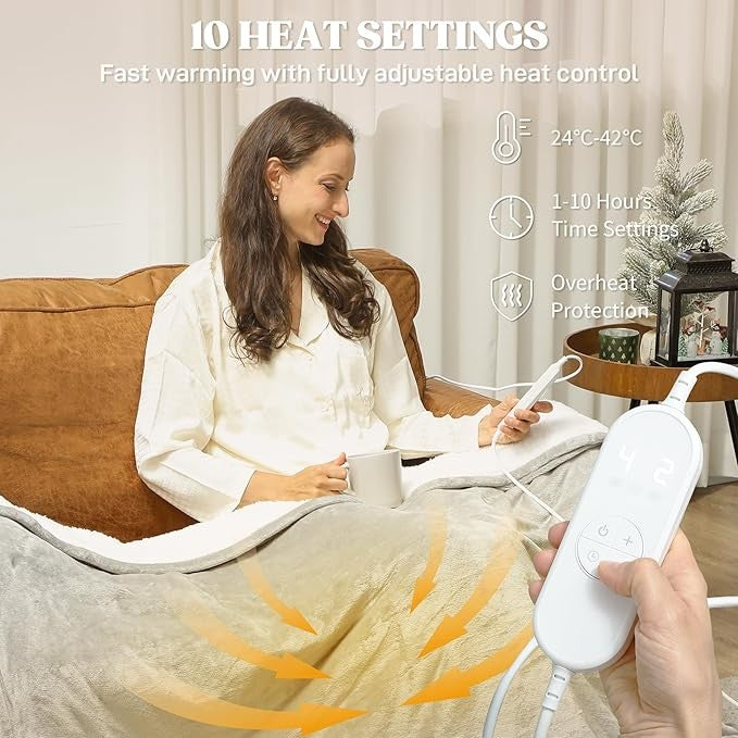 Electric Heated Throw Blanket 180x130cm 10 Heat Levels Timer Washable
