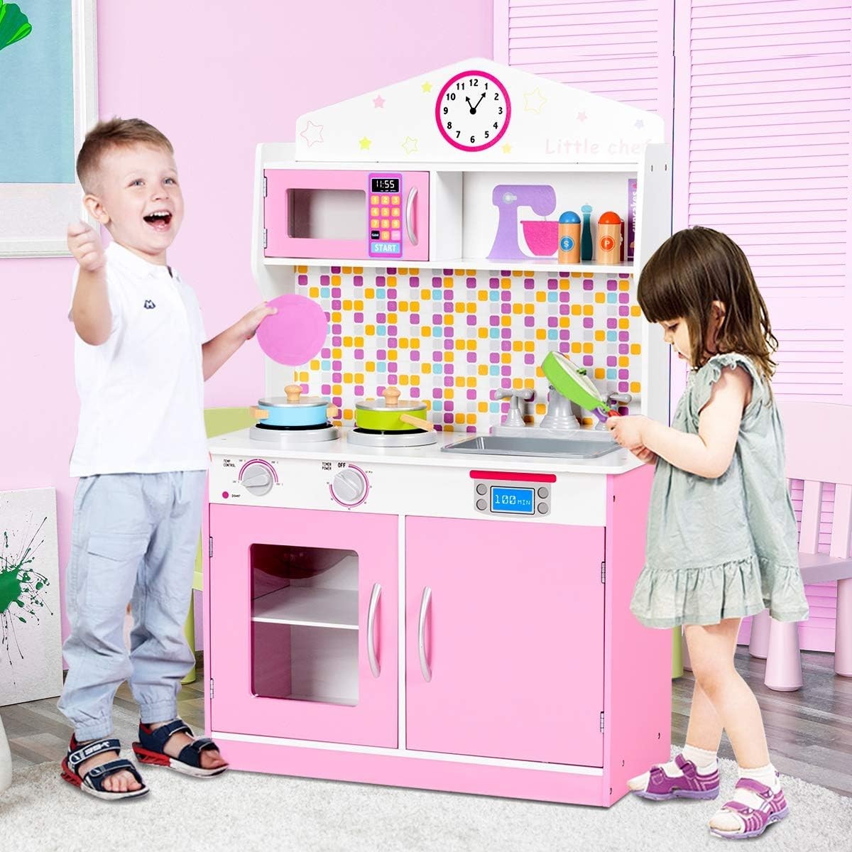 Kids Wooden Play Kitchen Pink w/ Microwave Stove Sink Toy Set