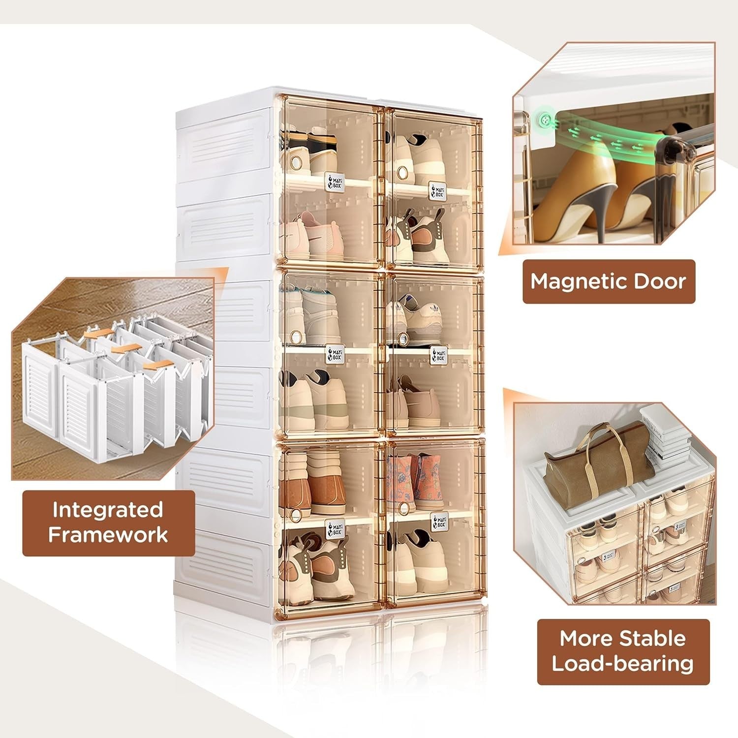 Stackable Shoe Storage Cabinet 2x4 Layer Magnetic Door Foldable Brown