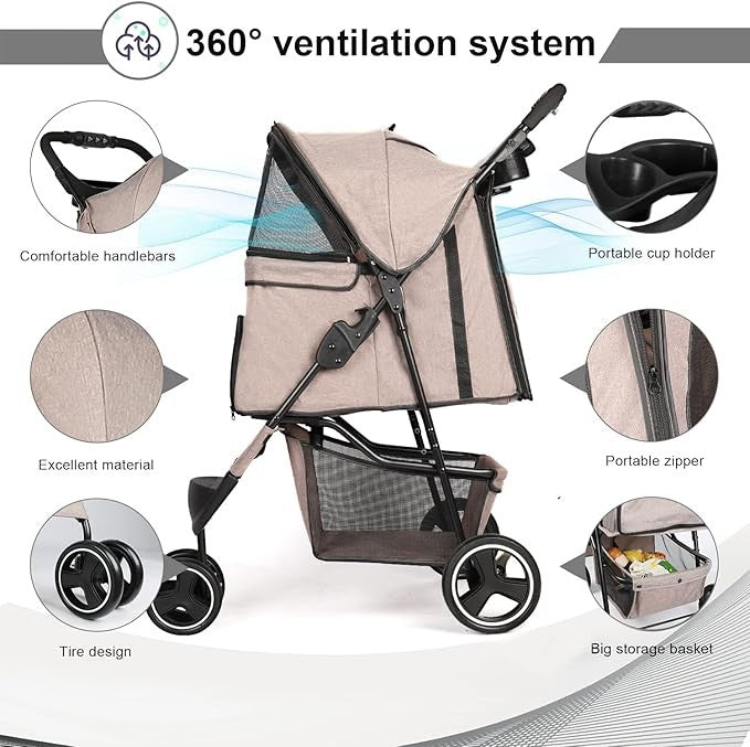 Dog Stroller Folding Pet Buggy 3 Wheel Travel Pram with Storage Basket