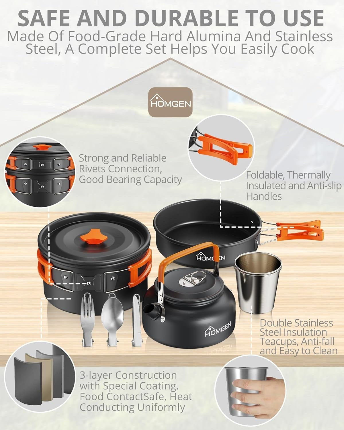 Orang Camping Cookware Set with Pot Frying Pan, Kettle & Utensils for 2–3 People