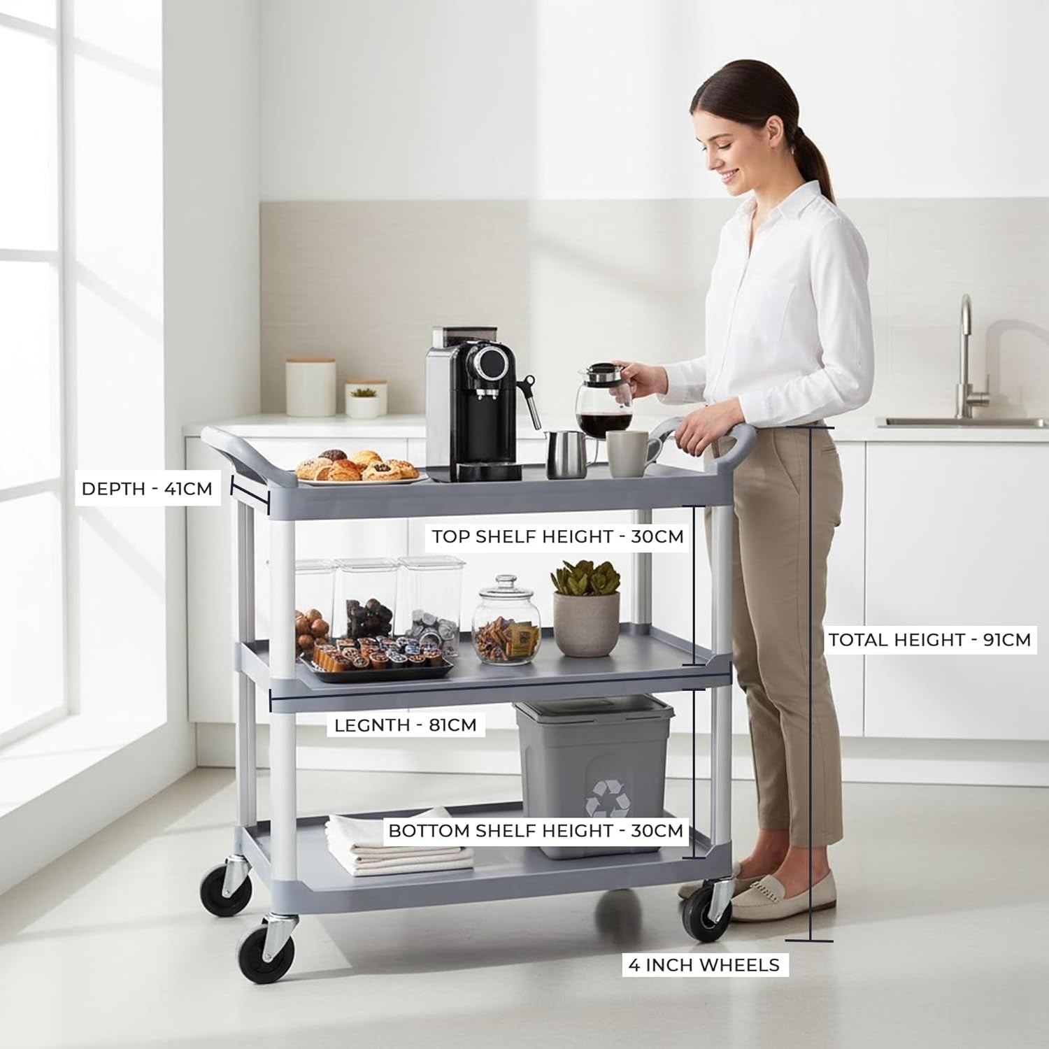 Heavy Duty 3 Tier Service Trolley on Wheels Aluminium Utility Storage Cart