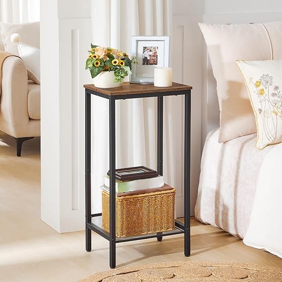 Narrow Tall Side Table with Charging Shelf, 2 Tier Industrial Bedside End Table