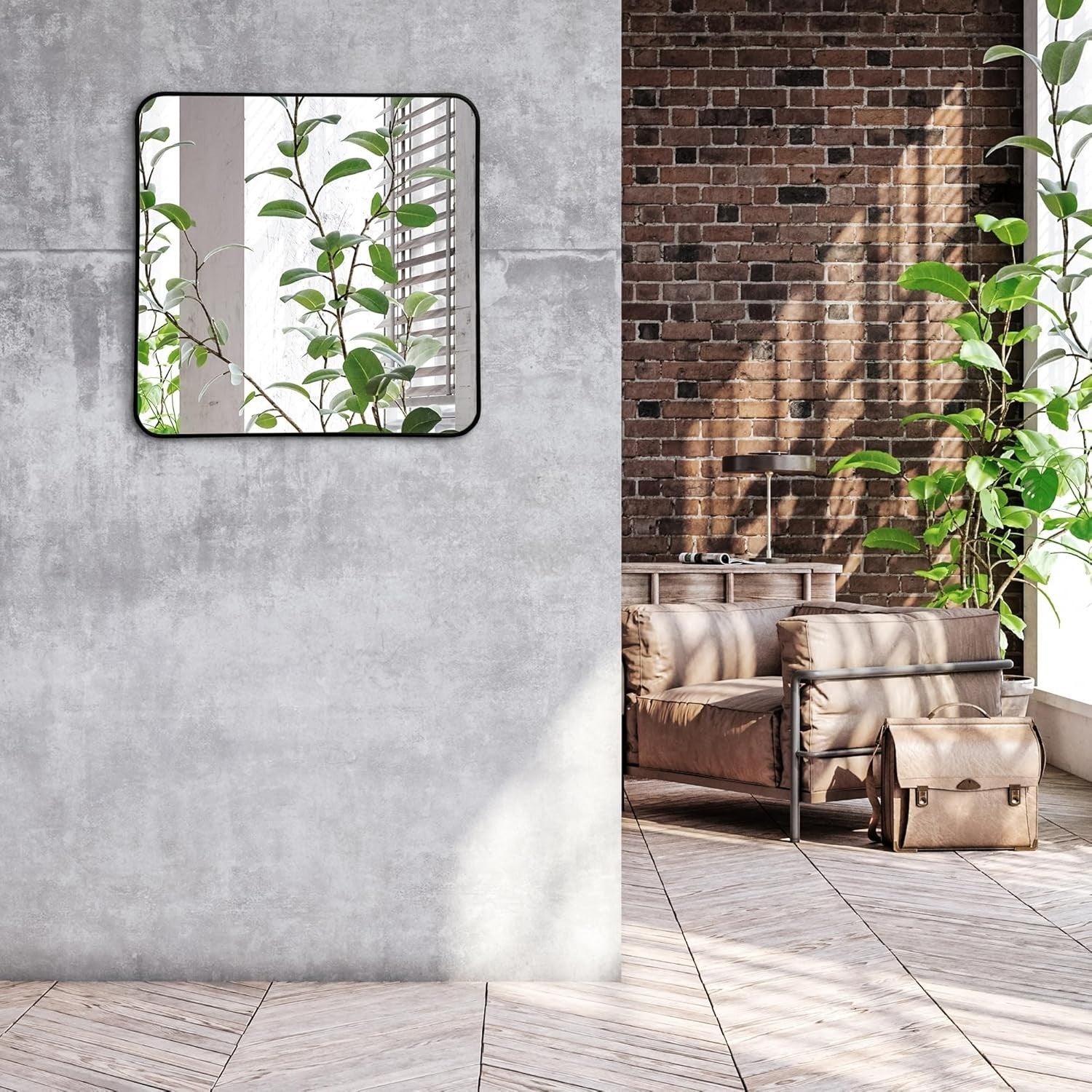 Large Square Wall Mirror 60x60cm Black Frame, Rounded Corners, Modern