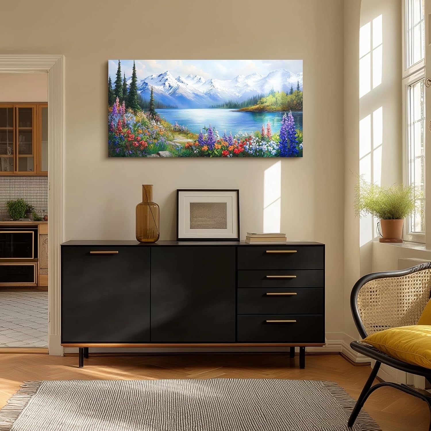 Large Landscape Canvas Wall Art Mountain Lake Floral Print XXL Modern Home Decor