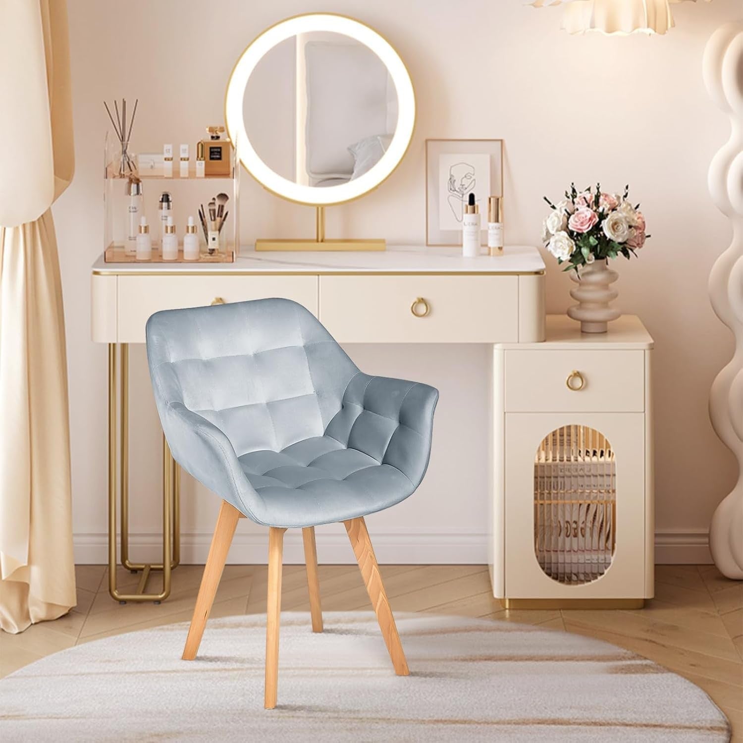 Grey Velvet Swivel Armchair Tub Chair Wooden Legs