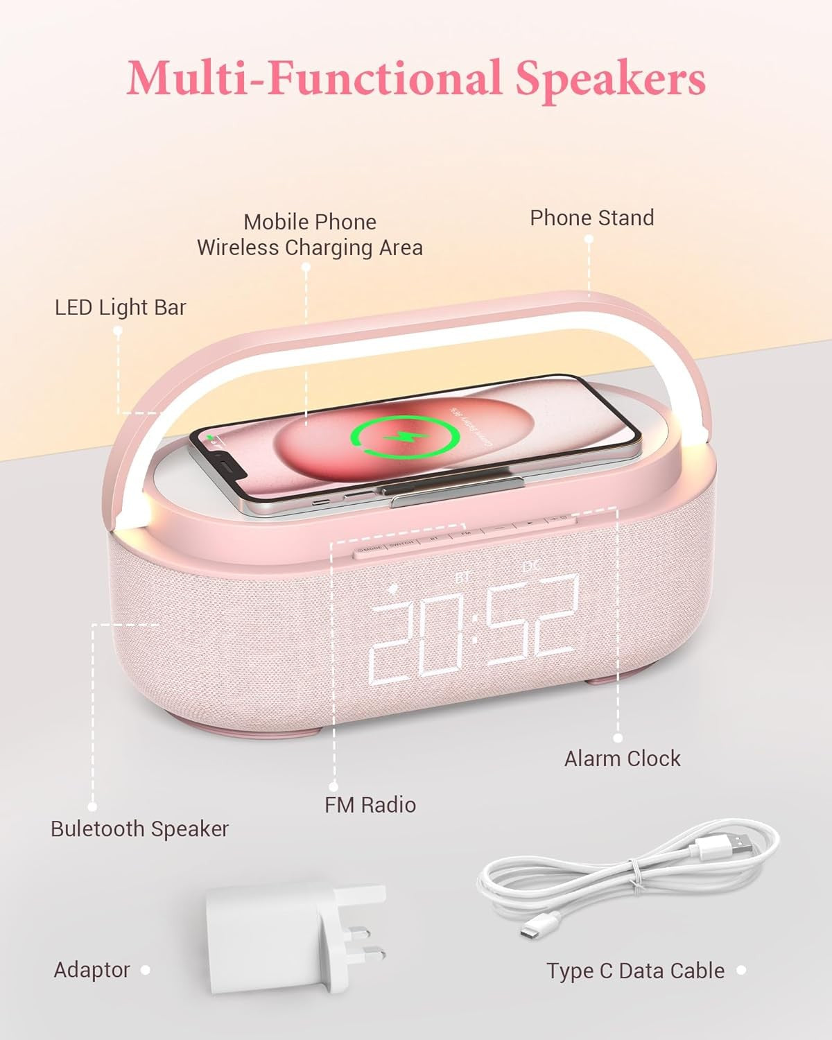 Bluetooth Alarm Clock Wireless Charger Speaker FM Radio Loud Snooze