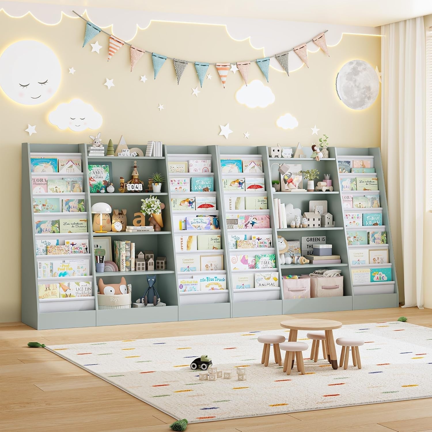 Kids Bookshelf Storage Unit with 14 Sling Fabric Shelves & 5 Toy Racks
