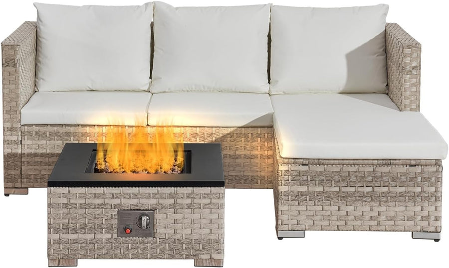Outdoor 3-Piece Rattan Patio Fire Pit Set with Cushions & 40,000 BTU Table