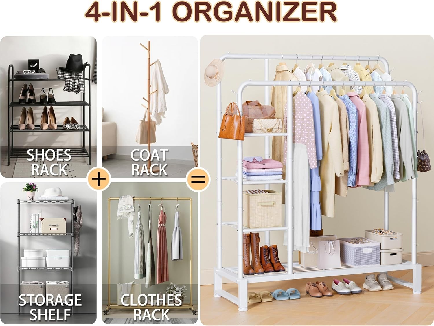 Double Clothes Rail 80KG Rack With Shelves & Hooks White