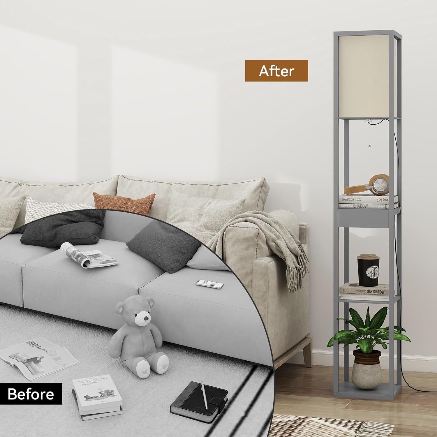 Floor Lamp with Shelves Storage LED Light USB Charging Drawer Modern Grey