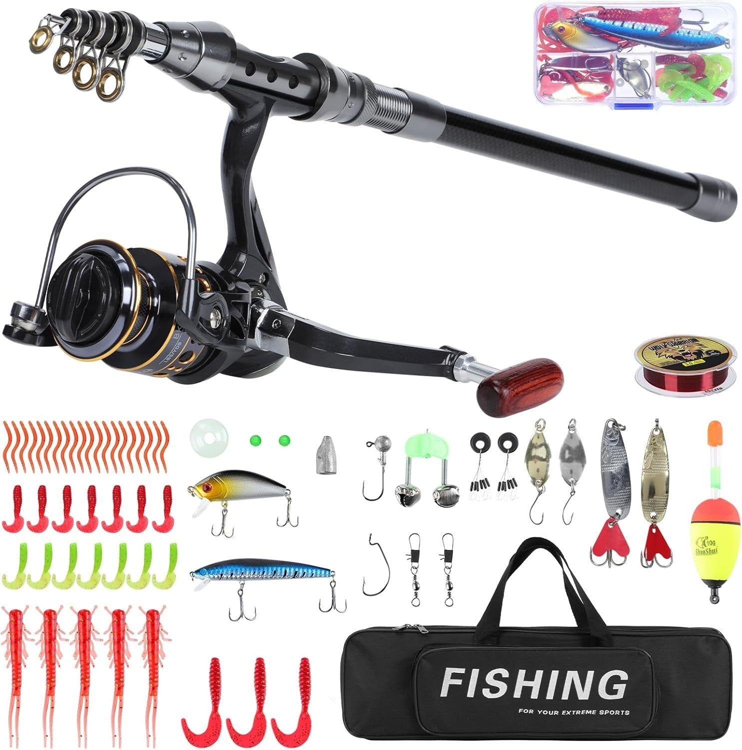 1.8M Telescopic Fishing Rod & Reel Combo Full Kit Lures Line Travel Saltwater