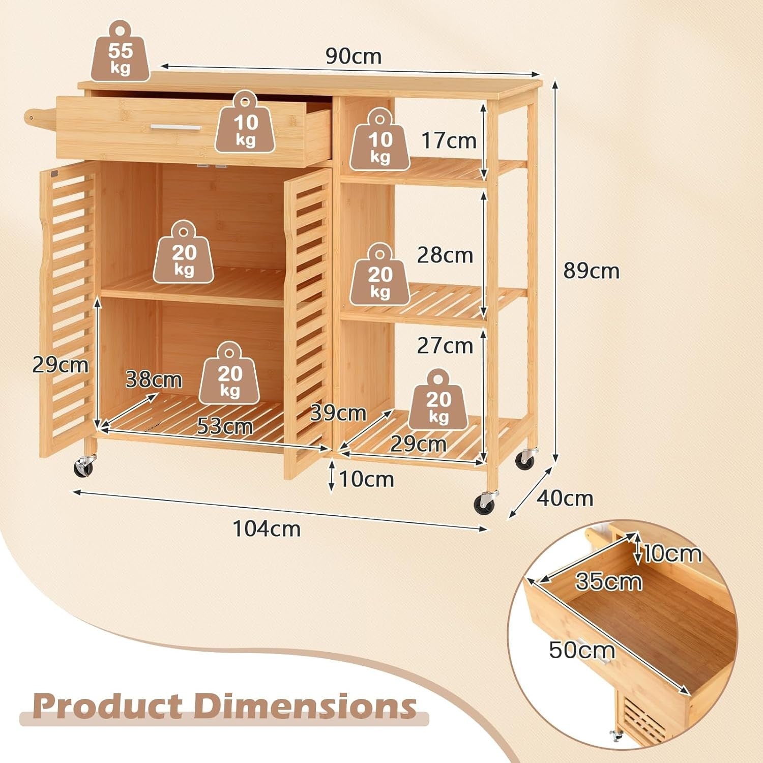 Bamboo Rolling Kitchen Island Cart 104cm Storage Cabinet