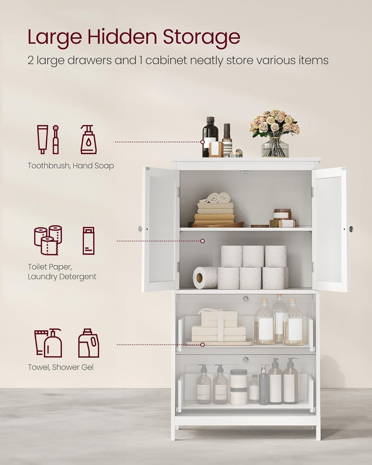 Bathroom Storage Cabinet with Drawers & Doors, Adjustable Shelf 110cm