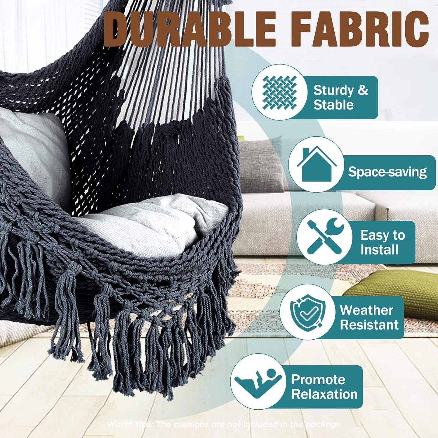 Dark Grey Hanging Hammock Chair – Cotton Mesh, Indoor Outdoor, 120kg Capacity