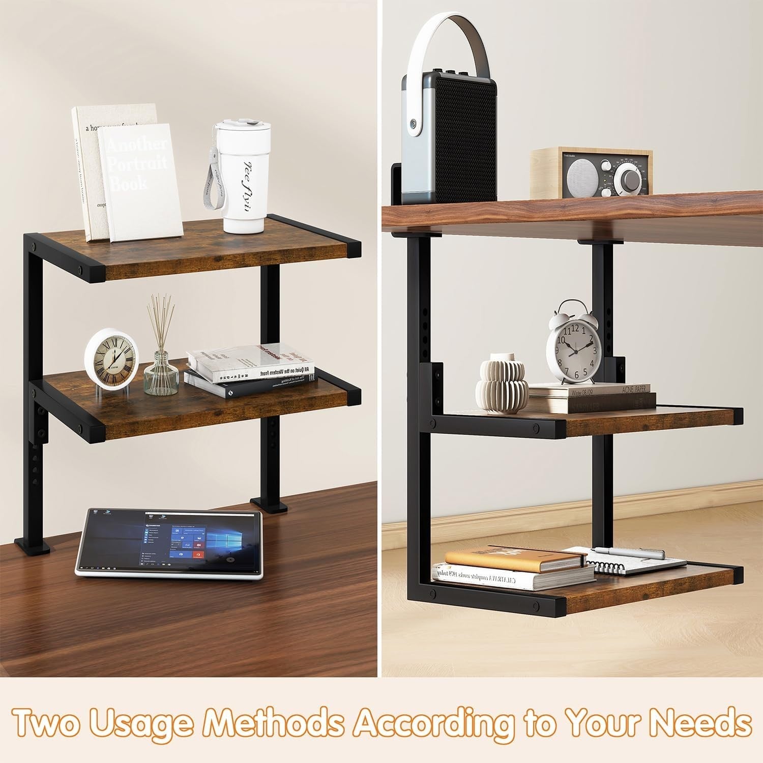 Clamp-On Desk Organizer Shelf 2-Tier Adjustable Storage Rack Rustic Brown 33cm