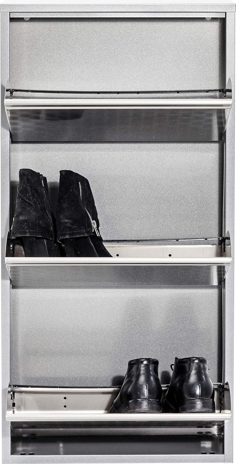 Slim Silver 3-Compartment Flip Shoe Cabinet, Space-Saving Storage for 6 Pairs
