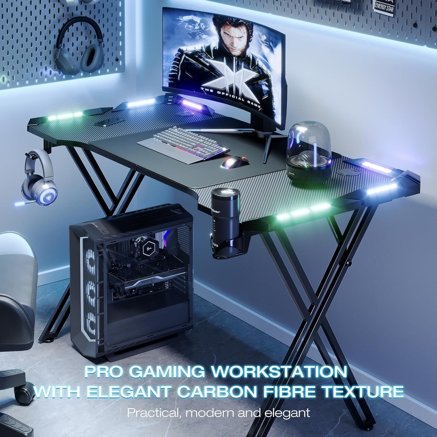 160cm RGB Gaming Desk with LED Lights, Cup Holder & Hook – Black X-Frame