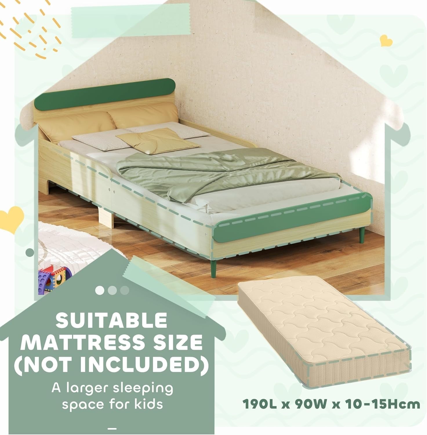 Toddler Bed with Safety Rail Montessori Kids Wooden Frame Green 195x103cm