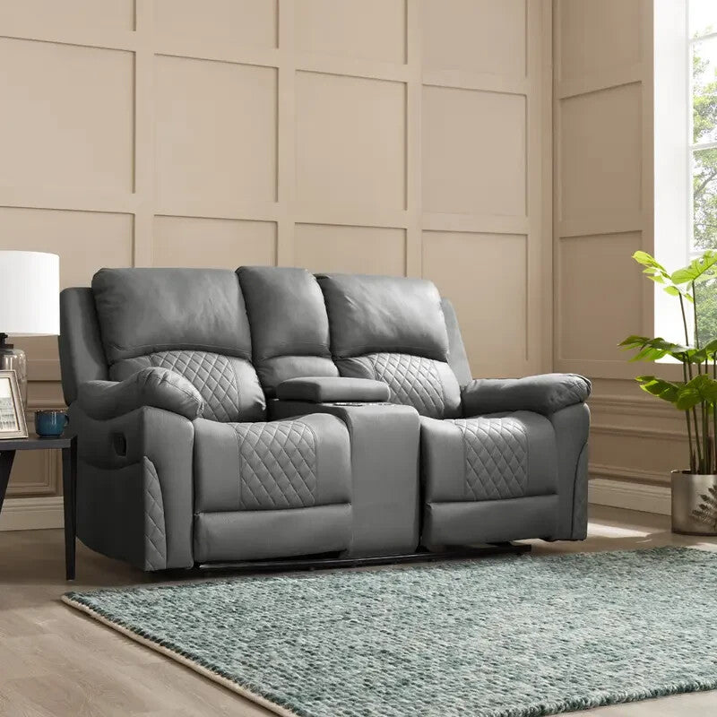 2 Seater Recliner Sofa with Cupholders Storage Console Grey Air Leather