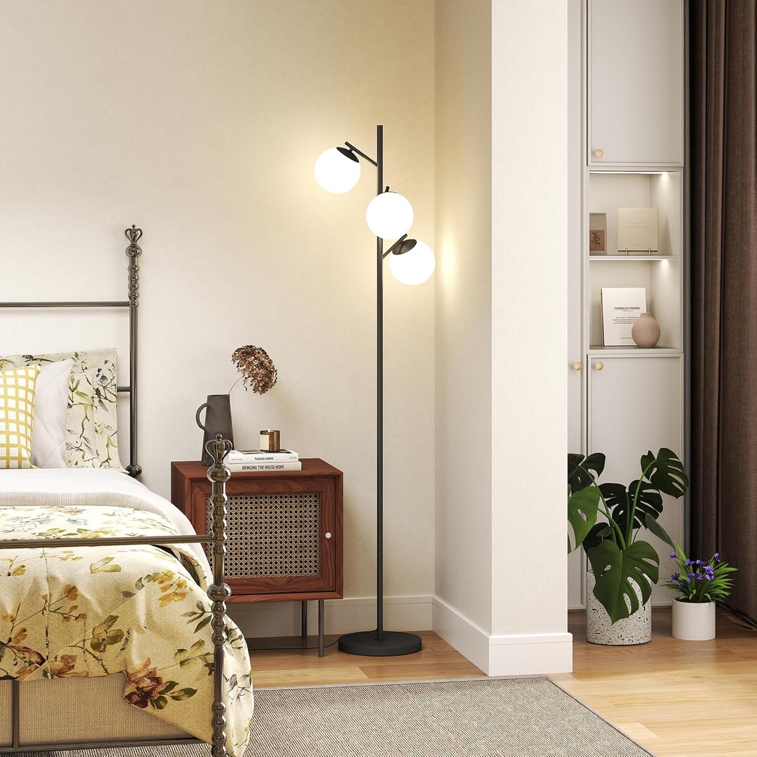 3 Light Tree Floor Lamp Black Modern Standing Lamp Globe Shades Living Room