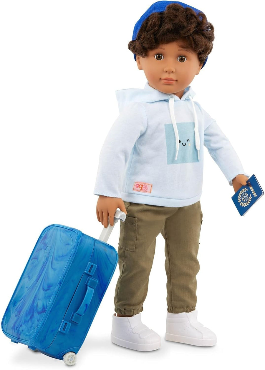 18-Inch Boy Doll Hazel Eyes Curly Hair Rolling Luggage Travel Set
