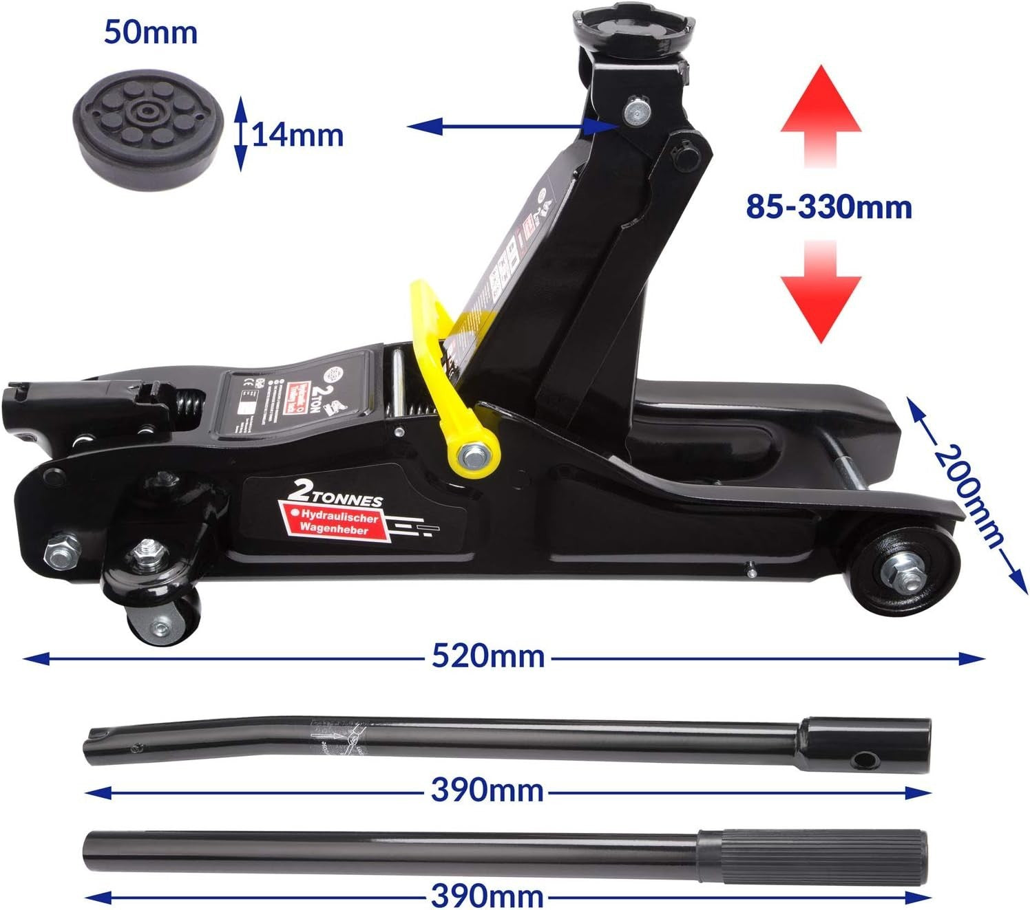 2 Ton Low Profile Hydraulic Trolley Jack 85–330mm w/ Case Rubber Pad Black