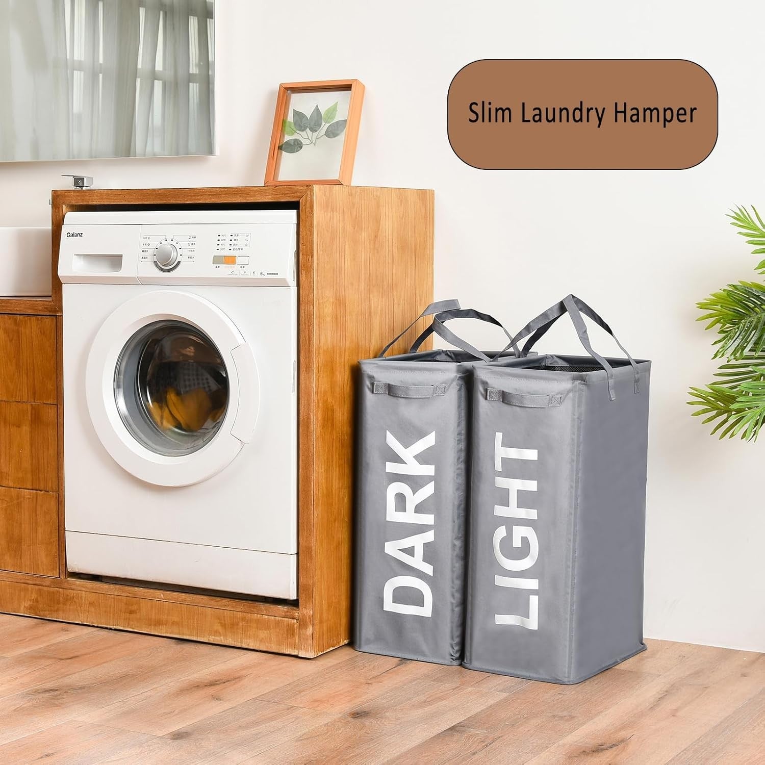 Slim Double Laundry Hamper Grey 63L Tall Basket with Handles & Foldable Design