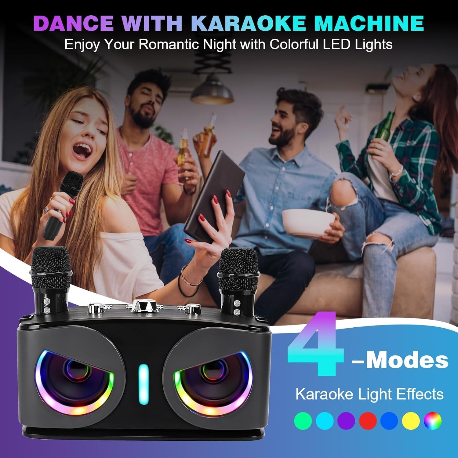 Bluetooth Karaoke Machine with 2 Wireless Mics LED Party Speaker