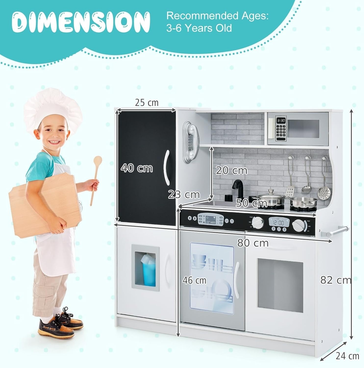 Wooden Kids Play Kitchen Toy Set Ice Maker Chalkboard Cooking Playset