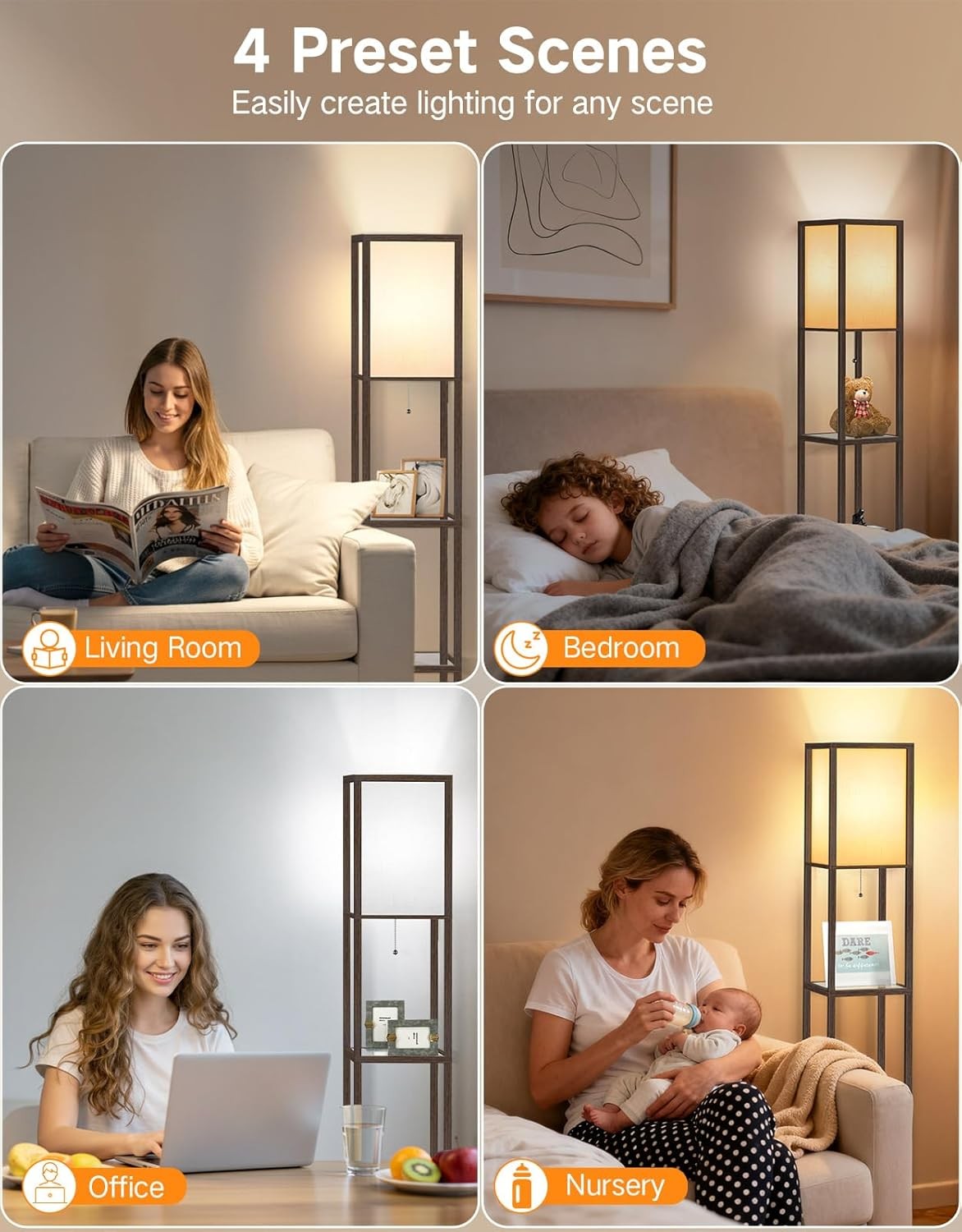 Floor Lamp with Shelves LED Adjustable Colour Standing Storage Light Walnut