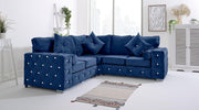 Blue Plush Velvet 5 Seater Corner Sofa With Extra Pillows – Diamond Tufted