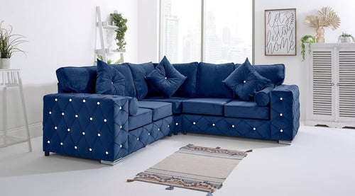 Blue Plush Velvet 5 Seater Corner Sofa With Extra Pillows – Diamond Tufted