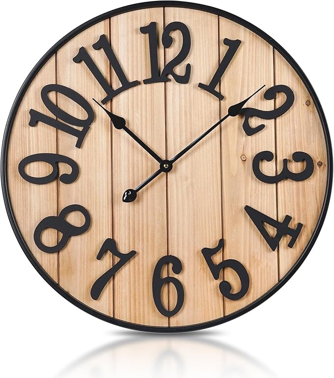 40cm Rustic Wooden Wall Clock Silent Farmhouse Vintage Decor Large Home Kitchen