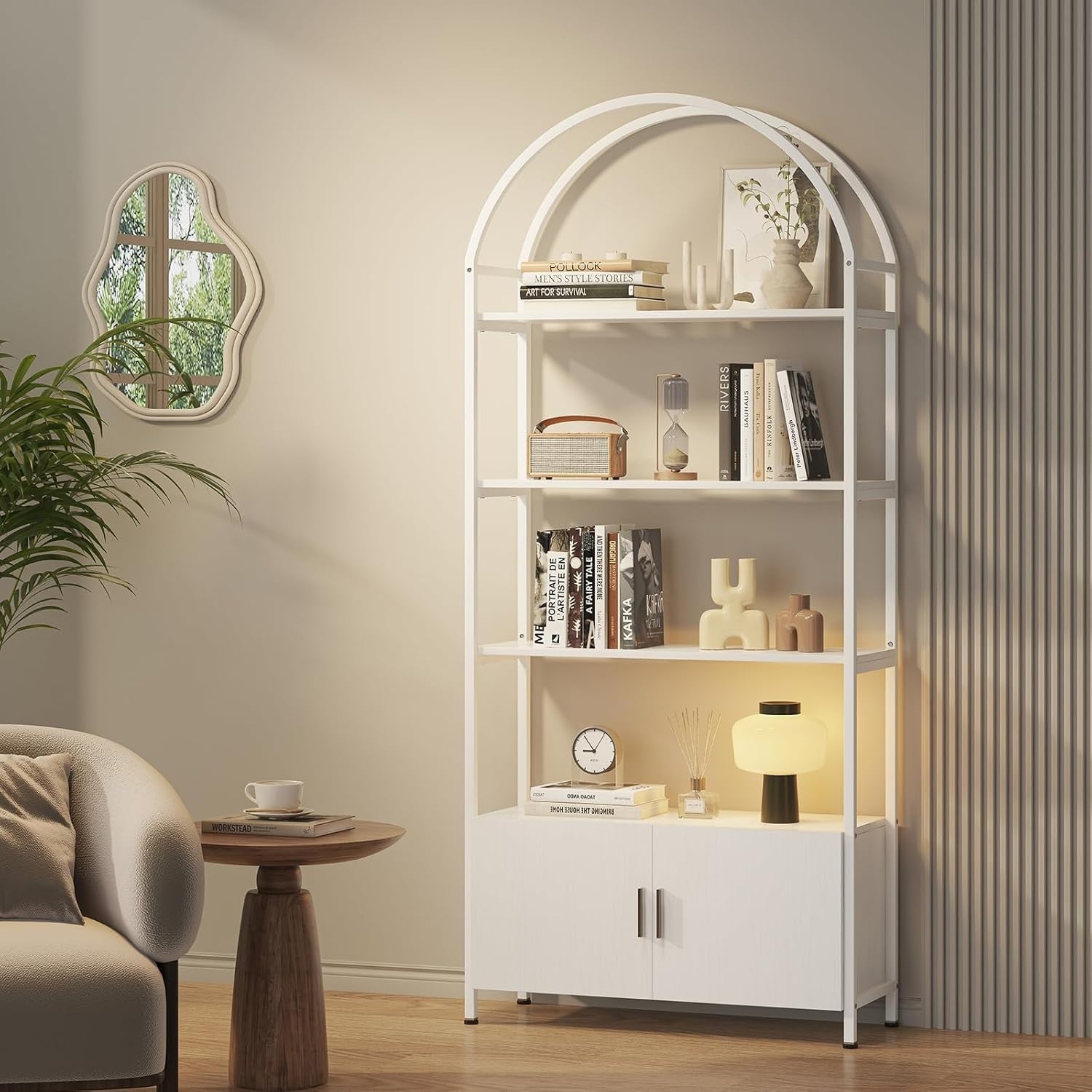 Tall Arched Bookshelf with Drawers 5 Tier Metal Frame Display Shelf White