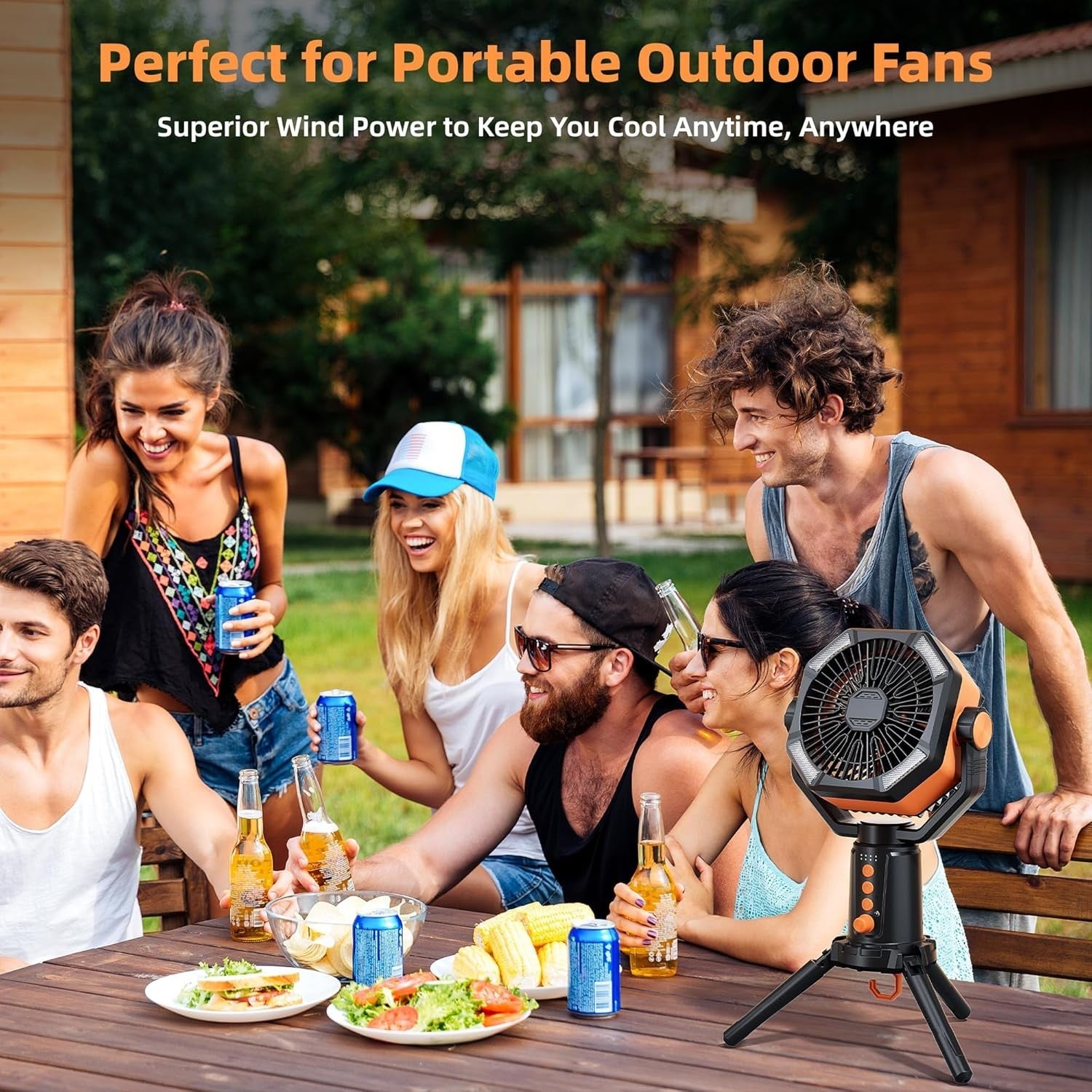 Portable Tripod Fan – 20000mAh Rechargeable LED Camping Fan w/ Remote Orange