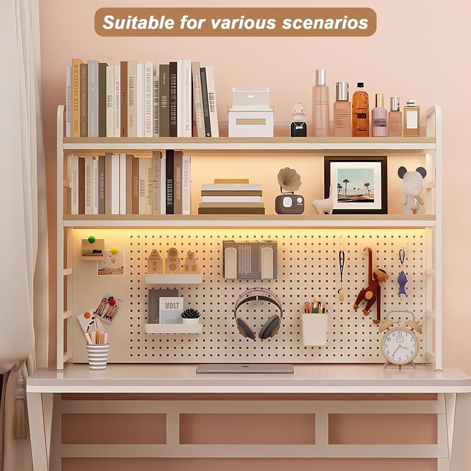 2-Tier Desktop Hutch Shelf w/ Pegboard Metal/MDF Organizer Rack 110cm White