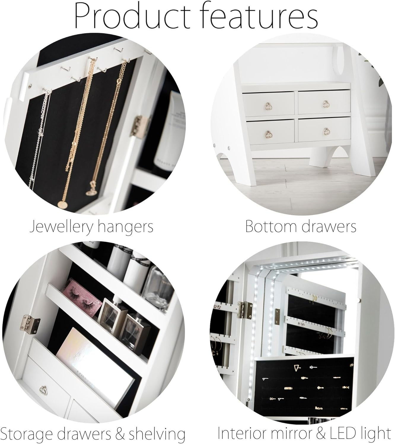 White LED Jewellery Storage Cabinet Full Length Mirror with Drawers
