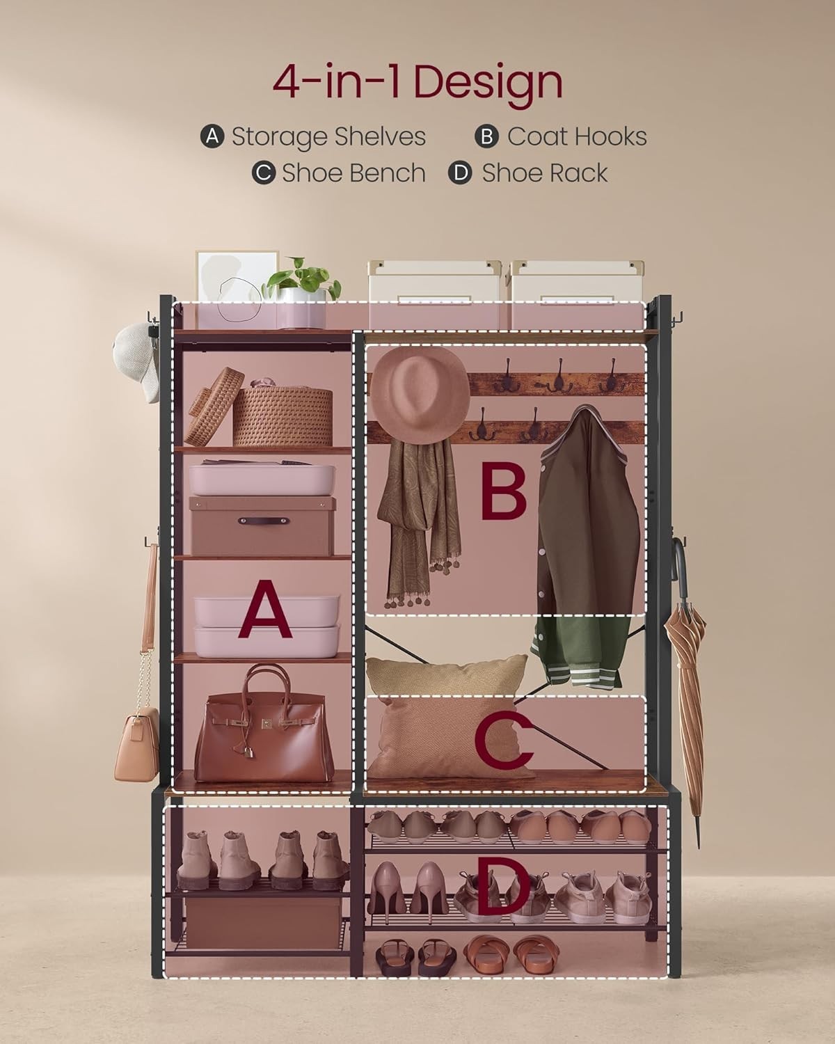 Entryway Hall Tree with Shoe Bench & Storage Hooks | 120x40x190cm