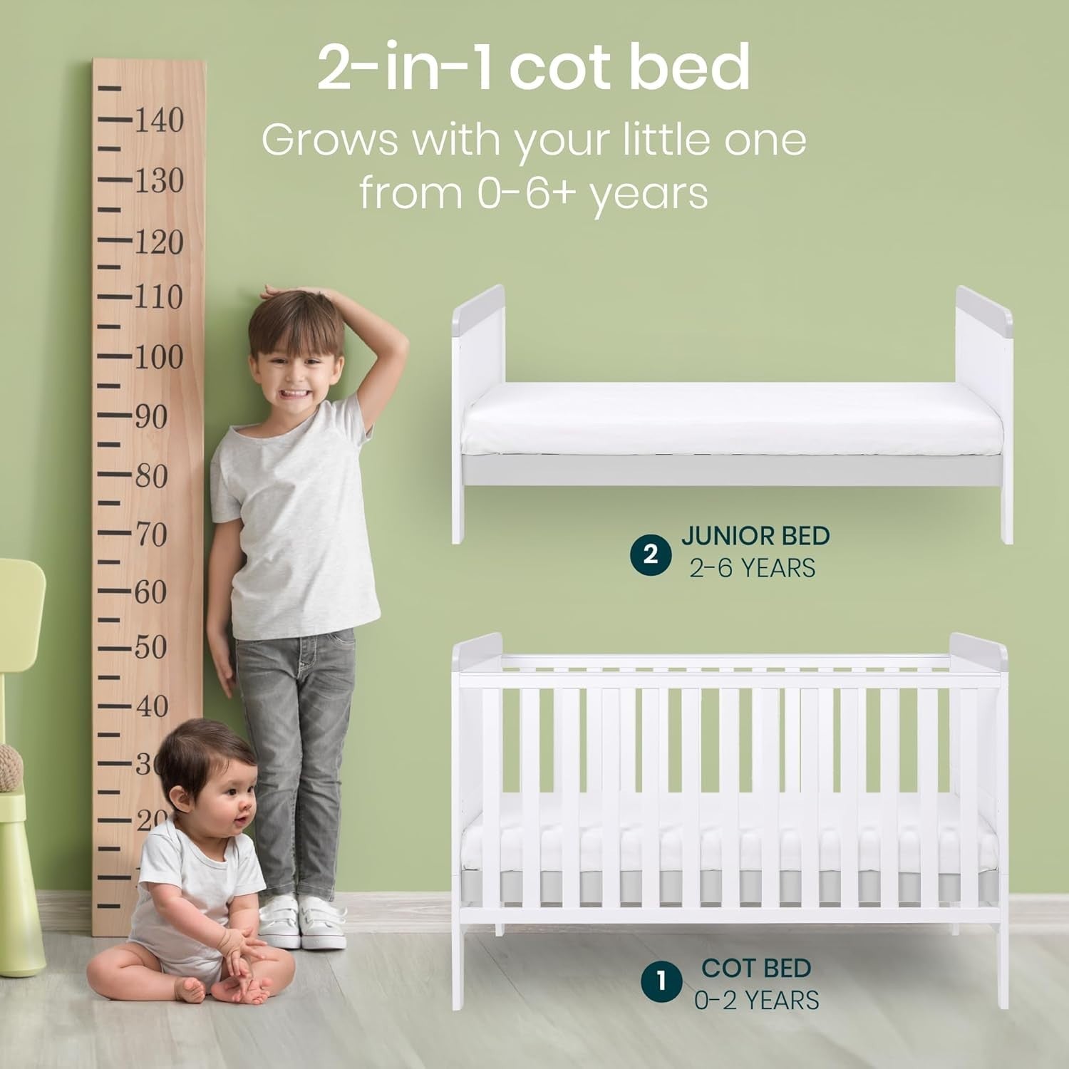 3in1 Mini Cot Bed Drawer Toddler Sofa Adjustable Height Wooden Frame White/Grey