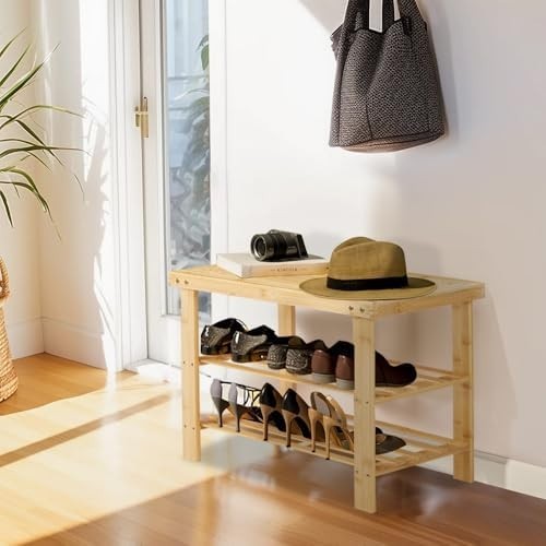 Natural Wooden Shoe Rack Bench 3 Tier Storage Shelf with Seat 58x27x45cm