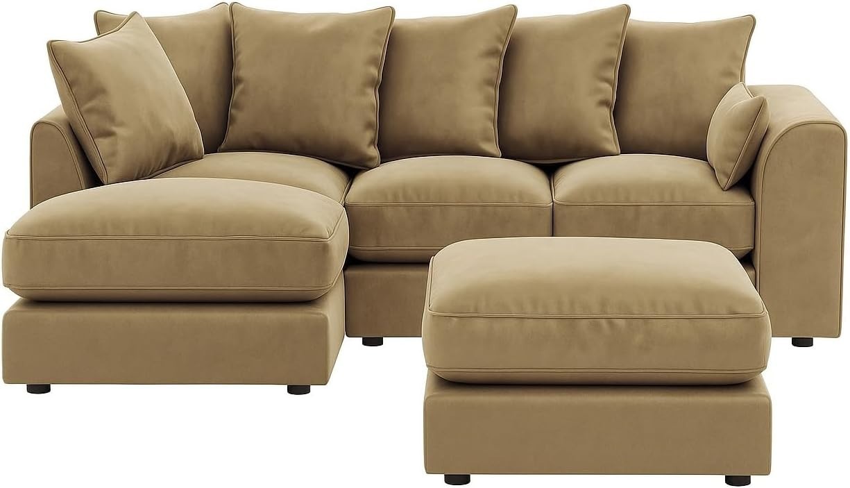 Plush Velvet L Shape 4 Seater Corner Sofa with Footstool - Mink Fabric