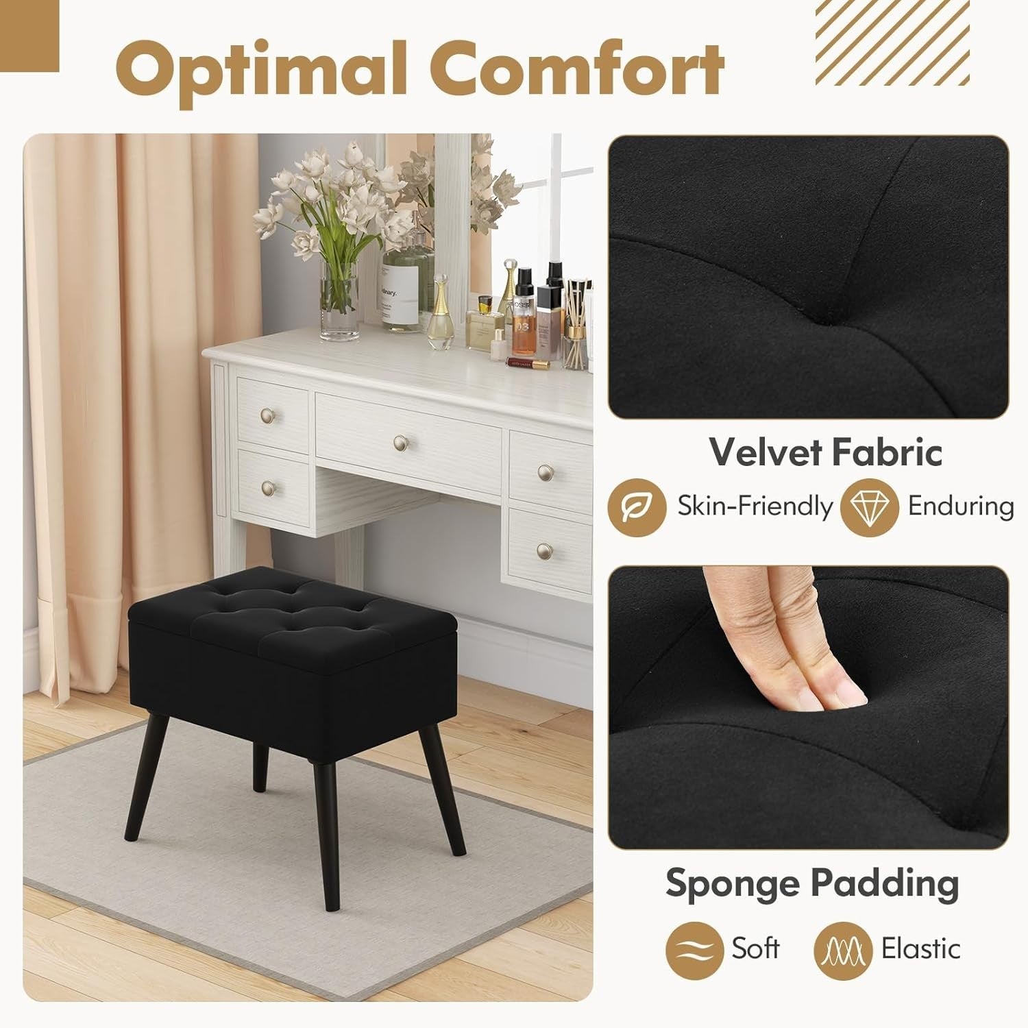 Black Velvet Flip-Top Footstool Storage Ottoman Vanity Stool with Wood Legs