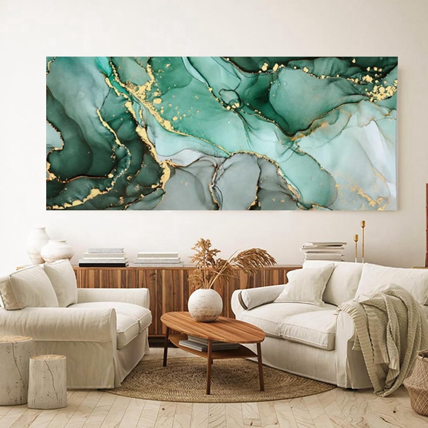 Large Green Gold Marble Canvas Wall Art 120x60cm Modern Abstract