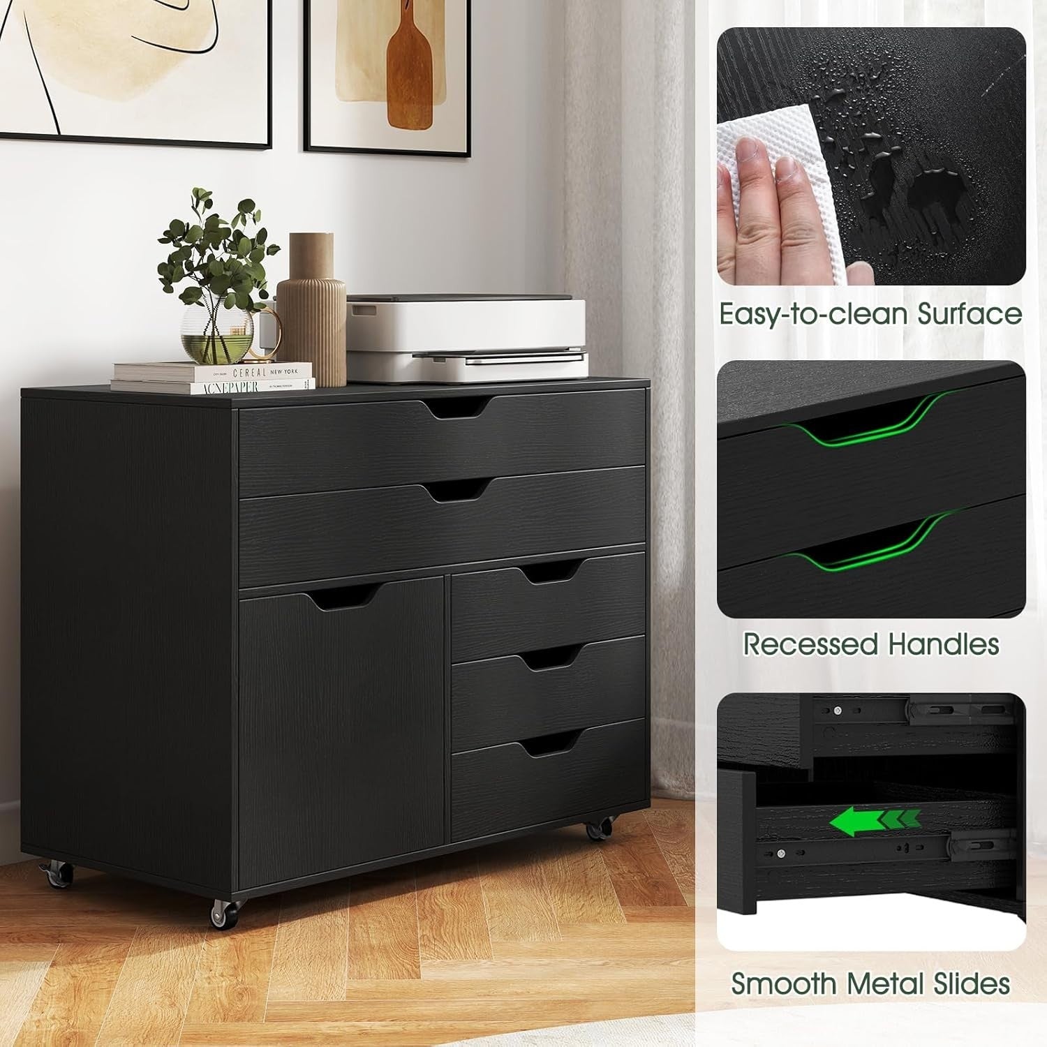Black Mobile File Cabinet 5 Drawer Side Cupboard Rolling Printer Stand